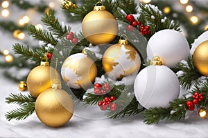 Christmas background with spruce branches decorated with Christmas baubles, snowflakes, and lights