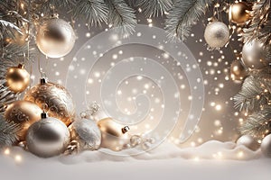 Christmas background with spruce branches decorated with Christmas baubles, snowflakes, and lights