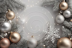 Christmas background with spruce branches decorated with Christmas baubles, snowflakes, and lights