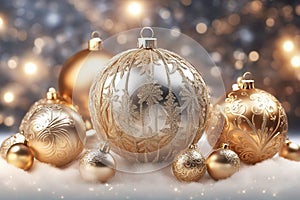 Christmas background with spruce branches decorated with Christmas baubles, snowflakes, and lights