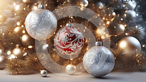 Christmas background with spruce branches decorated with Christmas baubles, snowflakes, and lights