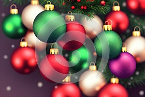 Christmas background with spruce branches decorated with Christmas baubles, snowflakes, and lights. Generative Ai