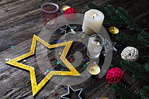 Christmas background stars burning candles, close up