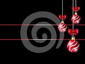 Black Christmas background. Red ribbon ball decoration with red bow including gold background- blank space for your text.