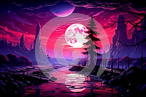 Christmas background,synthwave,pine tree,snowman,ball,moon. Generative AI photo