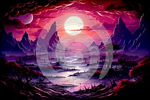 The central focus is a Christmas tree, synthwave,christmas tree center,moon. Generative AI photo