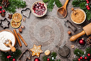 Christmas background. Table for holiday baking cookies with ingredients