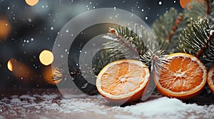christmas background with tangerines and fir tree branches