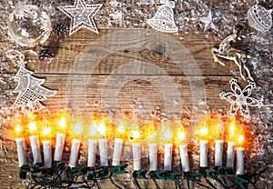 Christmas background top view candle garland greeting