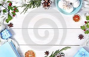 Christmas background.Top view wooden board frame .New year holiday backdrop empty copy space