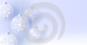 Christmas background with transparent white 3d render Christmas balls with snowflakes decor hanging from top