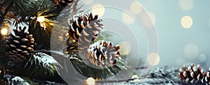 Christmas background with tree branches and pine cones. Merry Xmas card with lights on blue snowy surface. Generative Ai