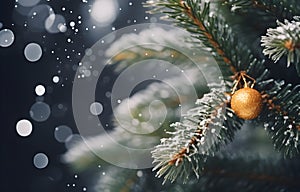 Christmas background with tree branches, snow and decorative balls, macro. Merry Xmas card with lights on blue snowy surface