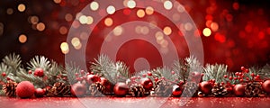 Christmas background with tree branches and Xmas baubles on red surface. Merry christmas card with bokeh and pine cones.