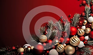 Christmas background with tree branches and Xmas baubles on red surface. Merry christmas card. Happy New Year. Generative Ai
