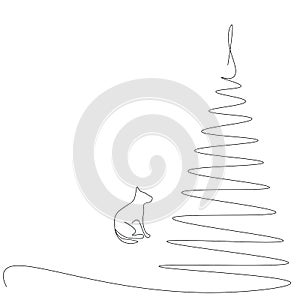 Christmas background with tree and dog, cat, mouse, vector illustration