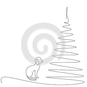 Christmas background with tree and dog, cat, mouse, vector illustration