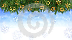 Christmas background - Twigs and stars with falling snowflakes - 3D render. Seamless loop