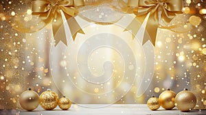 Christmas background unfolds with transparent glass balls filled with snow & golden ribbons