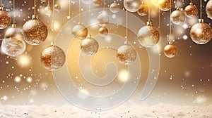 Christmas background unfolds with transparent glass balls filled with snow & golden ribbons