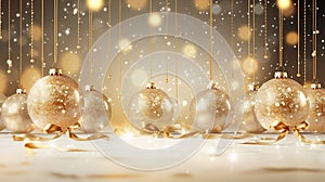 Christmas background unfolds with transparent glass balls filled with snow & golden ribbons