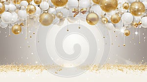 Christmas background unfolds with transparent glass balls filled with snow & golden ribbons