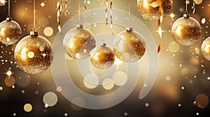 Christmas background unfolds with transparent glass balls filled with snow & golden ribbons