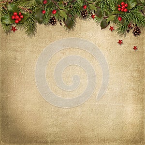 Christmas background.Vintage texture with holly and firtree