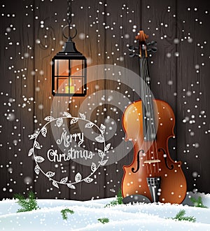 Christmas background with violin and old lantern