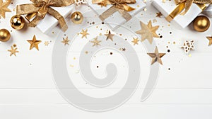 Christmas background. White gift boxes with gold decorations on white wooden table.