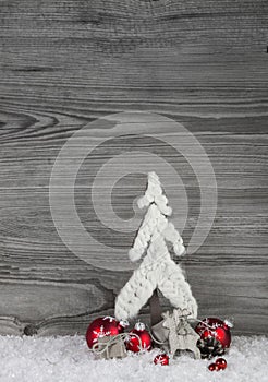 Christmas background in white, grey and red with tree, reindeer