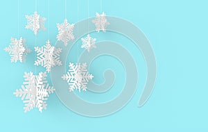 Christmas background with white paper snowflakes. Winter decoration. Xmas and new year paper art style greeting card, 3d render