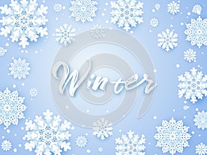 Christmas background, white snowflakes on grey.Square frame with decoration. Winter template design for posters, flyers