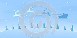 Christmas background. winter forest silhouette. Santa Claus rides across the sky on reindeer