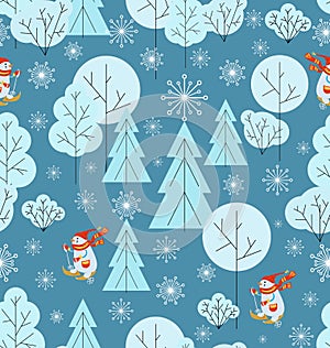 Christmas background. Winter forest, snowmans runs skiing.  Snowflakes.