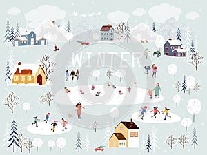 Christmas background,Winter Landscape in Christmas eves at night in City,Vector cute cartoon Winter Wonderland in the town,People