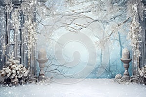 Christmas background. Winter landscape with snowdrifts and tree branches in hoarfrost