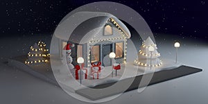 Christmas background. Winter night, decorated house, snowman, tree with garland, gifts. Snowfall.