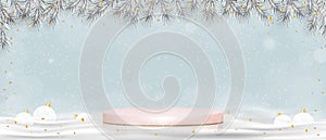 Christmas background with Winter scene, 3D display pink podium with christmas decoration,Vector Showcase stand with snowing on