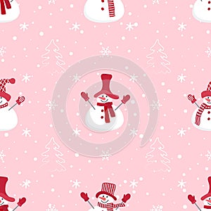 Christmas background. Winter seamless pattern with cute snowmen, fir trees and snowflakes