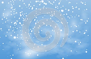 Christmas background. Winter snow landscape vector illustration. Falling snow, blue sky, fog