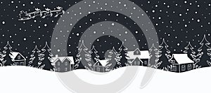 Christmas background. Winter village. Seamless border. Fairy tale winter landscape with Santa Claus