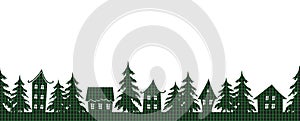 Christmas background. Winter village. Seamless border. Houses, fir trees are from green black checkered texture