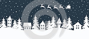 Christmas background. Winter village. Seamless border. Santa Claus is riding across the sky on deer