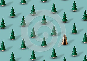 Christmas background with wooden Christmas trees and one  glass tree.