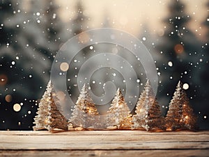 Christmas Background with Wooden Table Deale for Product Insertion Blurred Christmas golden Lights