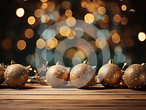 Christmas Background with Wooden Table Deale for Product Insertion Blurred Christmas golden Lights