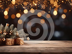 Christmas Background with Wooden Table Deale for Product Insertion Blurred Christmas golden Lights