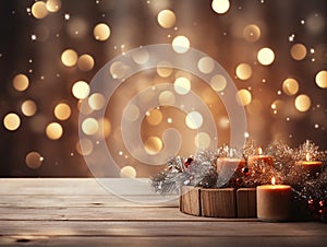 Christmas Background with Wooden Table Deale for Product Insertion Blurred Christmas golden Lights