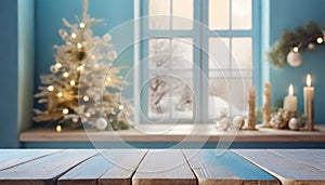 Christmas background with a wooden table and a window